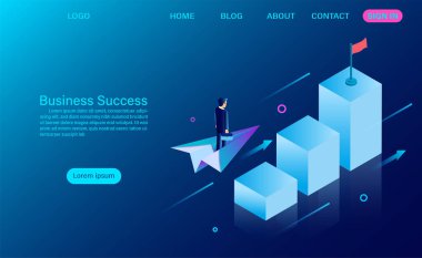 Çubuk grafiğin üzerinde uçarken takım elbiseli bir işadamı kağıttan bir uçakta kırmızı bayrak sallıyor. İş başarısı konsepti. Başlangıç. düz izometrik vektör çizimi