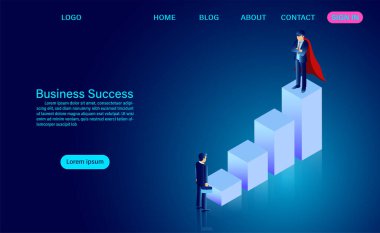 İş planlama ve başarı konsepti. Büyüme grafikleri üzerinde duran iş adamı. düz izometrik vektör çizimi
