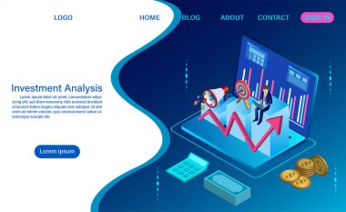 Yatırım analizi kavramı. Satışların analizi, istatistiksel büyüme verileri, karakterli muhasebe bilgileri. düz izometrik vektör çizimi