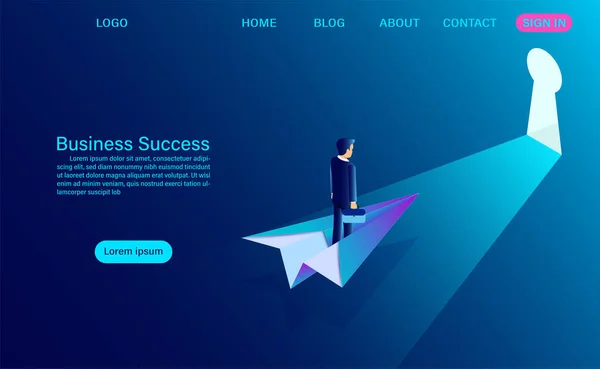 キースロットに飛んでいる間 紙飛行機の上に立つスーツのビジネスマン ビジネスの成功の概念 スタートアップだ 平面等角ベクトル図 — ストックベクタ