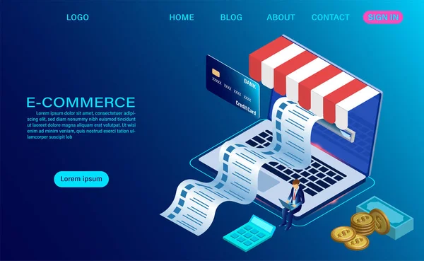 Commerce Shopping Online Con Computer Portatile Modello Isometrico Vettoriale — Vettoriale Stock