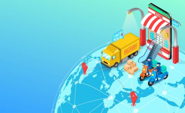 Mobil GPS 'i olan mobilet ve kamyonla Global' e teslimat. Online gıda siparişi ve E-ticaret uygulaması ile paket. İzometrik düz tasarım. Vektör illüstrasyonu
