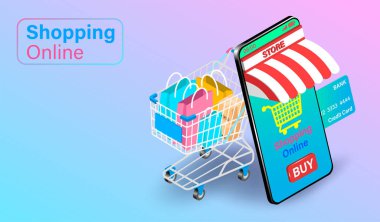 Kredi kartıyla akıllı telefondan alışveriş yapmak. Yanında çantalar olan alışveriş arabası. izometrik düz vektör tasarımı