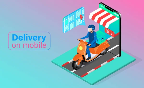 Entrega Rápida Por Scooter Teléfono Móvil Pedido Paquete Comida Línea — Vector de stock