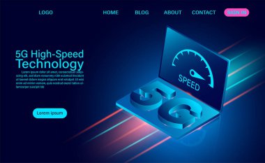 5G yüksek hızlı teknoloji konsepti. Ağ İletişimi Kablosuz İnternet. ağ bağlantısı en hızlı internet. izometrik düz tasarım vektör çizimi