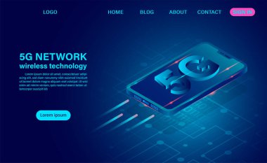 5G yüksek hızlı teknoloji konsepti. Ağ İletişimi Kablosuz İnternet. ağ bağlantısı en hızlı internet. izometrik düz tasarım vektör çizimi