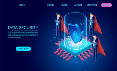 Veri güvenliği kavramı. Verileri hırsızlıklardan ve hacker saldırılarından korur. İzometrik düz tasarım. Vektör illüstrasyonu