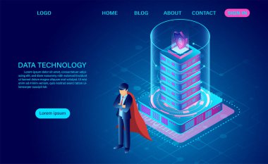 Veri teknolojisi ve büyük veri işleme, veri güvenliği kavramını koruyor. Dijital bilgi. İzometrik. çizgi film vektörü