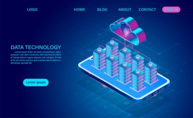 Mobil konsept üzerinde veri teknolojisi ve bulut hesaplaması. Verileri hırsızlıklardan ve hacker saldırılarından korur. İzometrik düz tasarım. Vektör illüstrasyonu