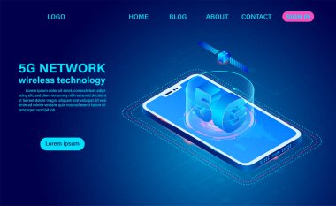 5G ağ kablosuz teknoloji iletişimi. Isometric düz tasarım vektör çizimi