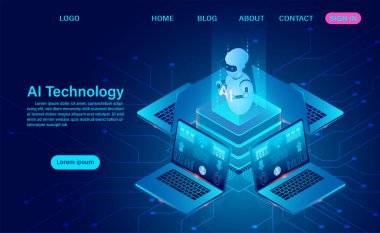 Yapay zeka robot teknolojisi. Sistem analizi. Büyük veri işleme. izometrik vektör neon rengi