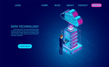 Veri teknolojisi ve veri güvenliği kavramını koruyan büyük veri işleme ve bulut hesaplama. Dijital bilgi. İzometrik. çizgi film vektörü