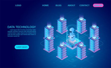 Veri teknolojisi ve büyük veri işleme, veri güvenliği kavramını koruyor. Dijital bilgi. İzometrik. çizgi film vektörü