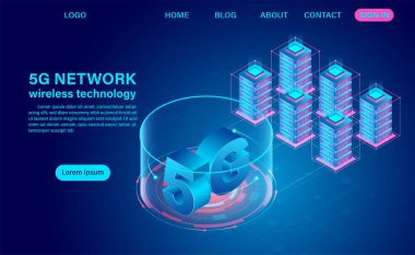 5G ağ kablosuz iletişim ve veri merkezi. Isometric düz tasarım vektör çizimi