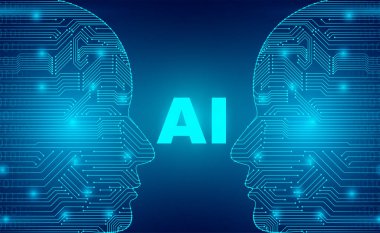 Yapay zeka robotu teknoloji harf geçmişi. izometrik vektör neon rengi