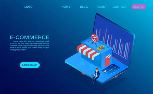 Commerce Shopping Online Con Computer Portatile Modello Isometrico Vettoriale — Vettoriale Stock