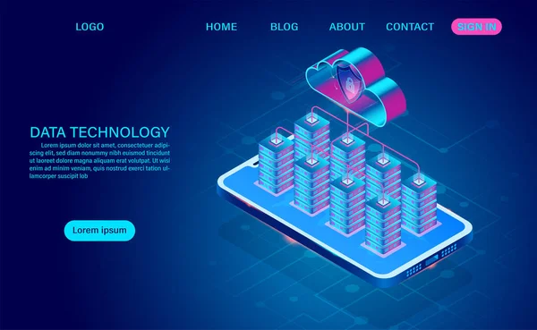 モバイルコンセプト上のデータ技術とクラウドコンピューティング データやハッカーの攻撃からデータを保護します 等方平面のデザイン ベクターイラスト — ストックベクタ