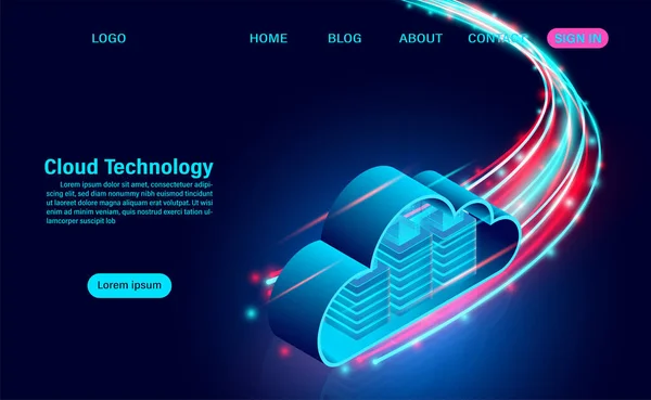 クラウド技術の概念 オンラインコンピューティング技術です ビッグデータフロー処理の概念です アイソメトリックフラットデザインベクトルイラスト — ストックベクタ