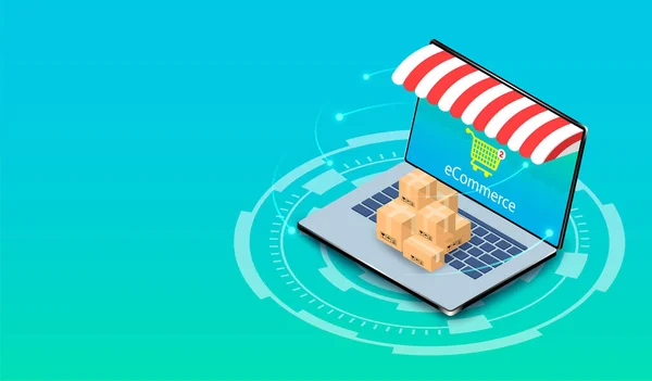 Online Shopping Auf Dem Computer Laptop Mit Commerce System Isometrisches — Stockvektor