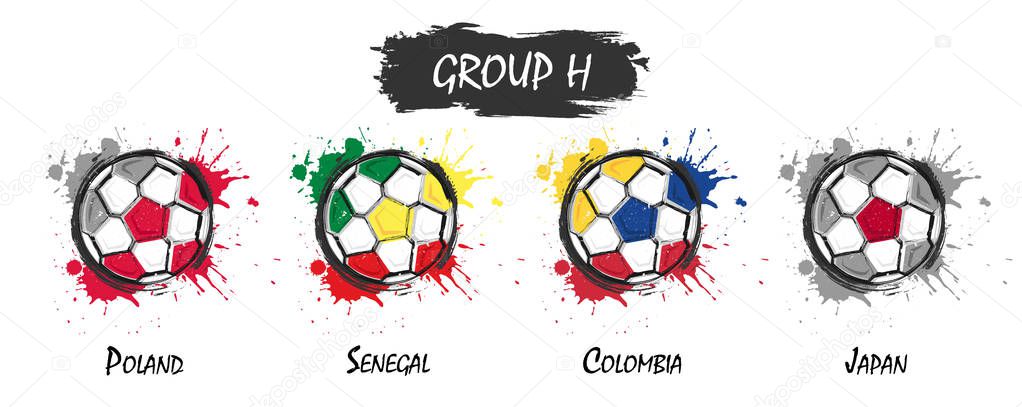 Set of national football team group H . Realistic watercolor art paint with stained splash color . Flat design . Vector for international world championship tournament cup 2018 .