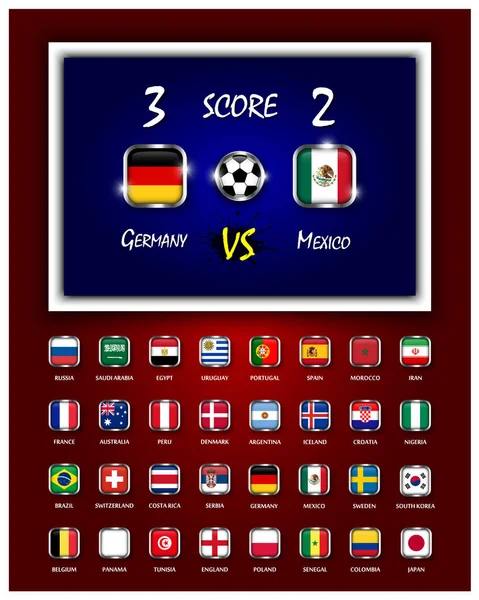 Anzeigetafel Des Fußballspiels Und Quadratischen Design Nationalflaggen Mit Metallrahmen Auf — Stockvektor