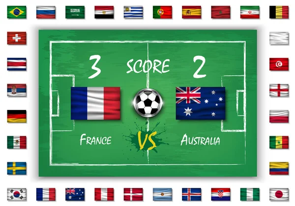 Fußball oder Fußballspiel mit Anzeigetafel und Satz aller Nationalflaggen auf der Tafel Textur. Vektor für WM-Turnier 2018 — Stockvektor