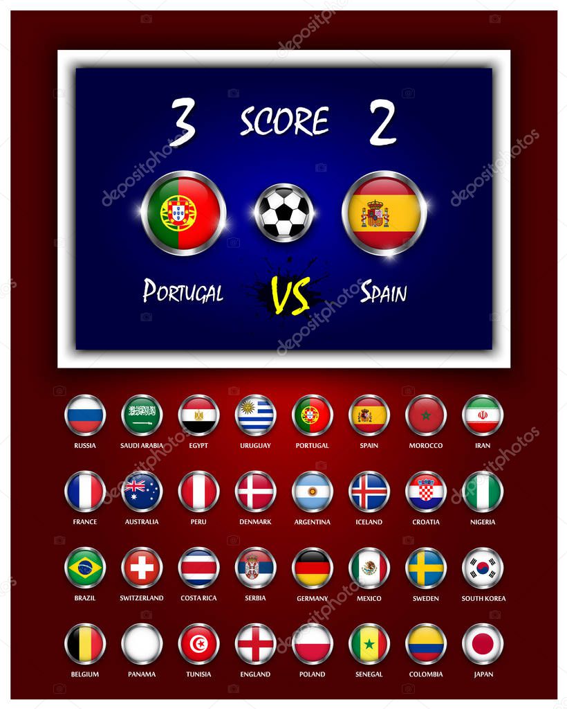 Scoreboard of football match and circle design national flags with metal frame on blue and red color gradient background . Vector for international world tournament cup 2018 .
