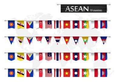 ASEAN (Güneydoğu Asya Uluslar Birliği) ve ülke üyelik çeşitli şekil ulus bayrak direği ve dünya harita arka plan üzerinde astı. Vektör .