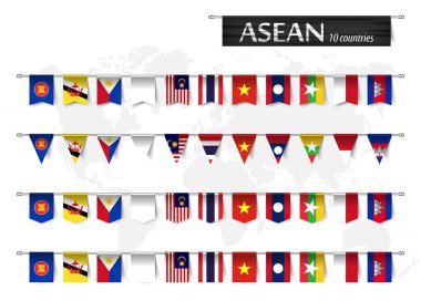 ASEAN (Güneydoğu Asya Uluslar Birliği) ve ülke üyelik çeşitli şekil ulus bayrak direği ve dünya harita arka plan üzerinde astı. Vektör .