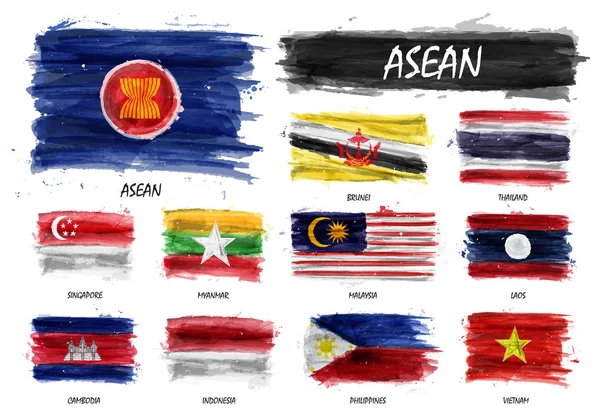 东南亚国家联盟 东南亚国家联盟 的现实水彩绘画旗子和会员资格在隔绝的背景 — 图库矢量图片