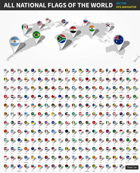 Wszystkie Oficjalne Flagi Narodowe Świata Lokalizacja Gps Navigator Pin Perspektywy — Wektor stockowy