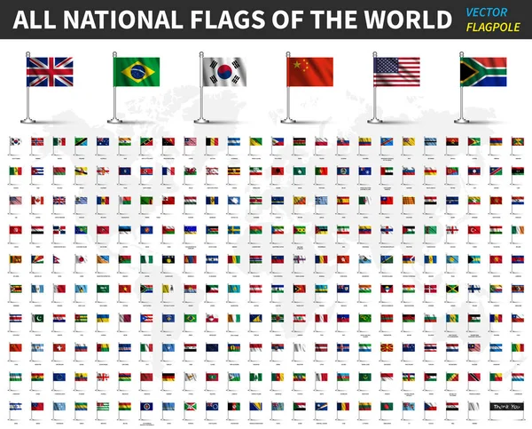 Tüm Dünya Ulusal Bayrakları Bayrak Direği Gölge Tasarımı Ile Kumaş — Stok Vektör
