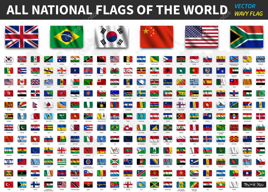 All national flags of the world . Realistic waving fabric texture with shadow design . Vector .