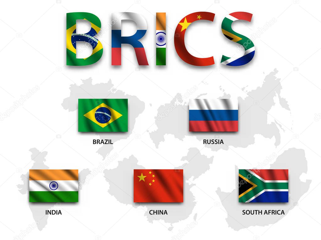 BRICS . association of 5 countries ( brazil . russia . india . china . south africa ) . waving flag and map . vector .
