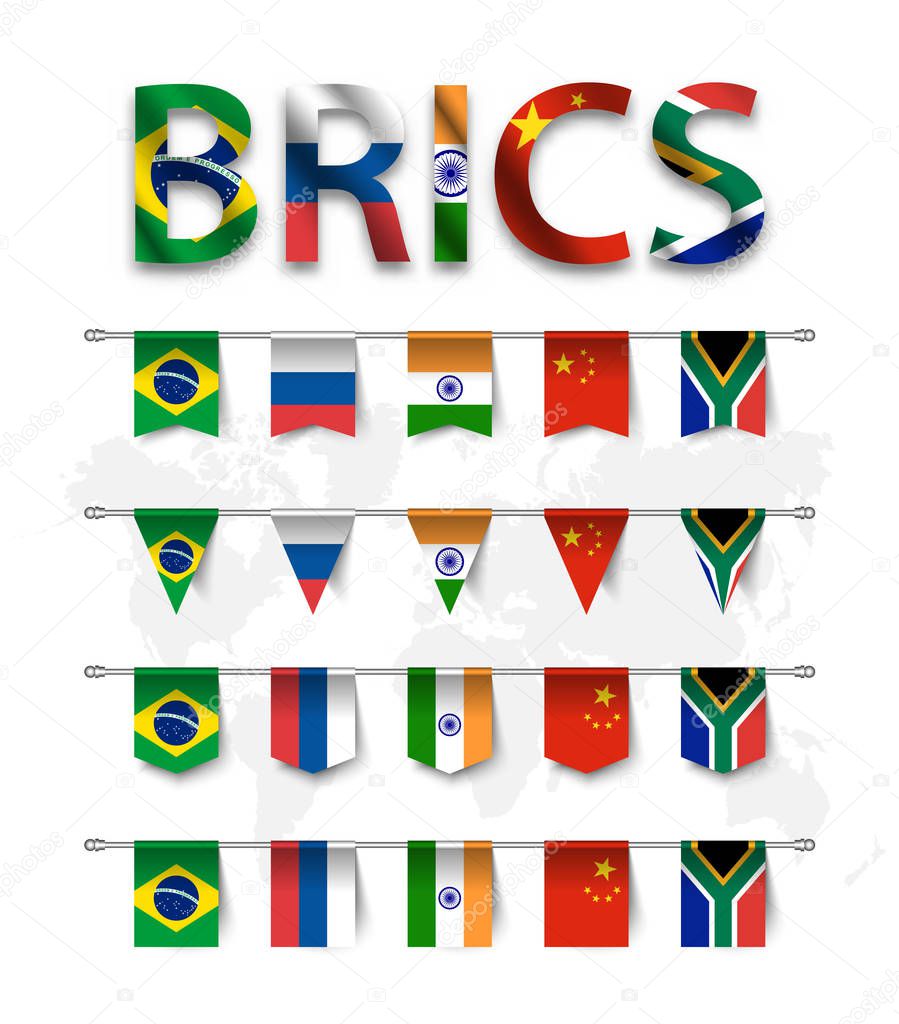 BRICS . association of 5 countries ( brazil . russia . india . china . south africa ) . and various shape nation flag of country membership hanged on pole and world map background . Vector .