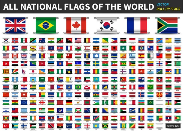 Dünya tüm resmi Ulusal bayrakları. Tasarım kadar rulo. Vektör — Stok Vektör