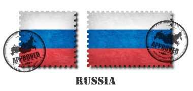 Rusya ya da Rus bayrağı posta pulu ile eski sıfırdan doku desen ve izole arka plan üzerinde bir mühür yapıştırmayın. Siyah renk ülke adı ile aşınma. Kare ve dikdörtgen şekli. Vektör .