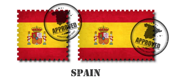 西班牙或西班牙国旗图案邮票与陈旧的划痕纹理 并在孤立的背景上加盖印章 黑颜色国家名称与磨损 方形和矩形形状 — 图库矢量图片