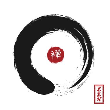 Enso zen circle style . Sumi e design . Black color . Red circular stamp and kanji calligraphy ( Chinese . Japanese ) alphabet translation meaning zen . White isolated background . Vector illustration . clipart