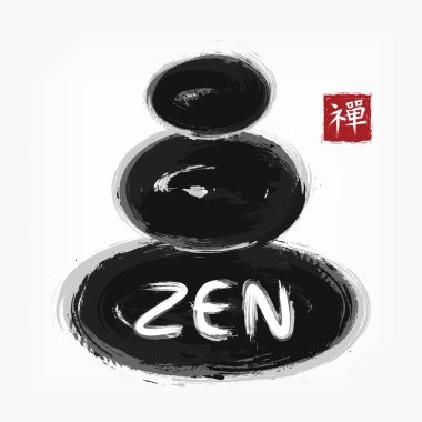 Zen taş yığını. Sumi e tarzı. Suluboya resim tasarım mürekkep. Siyah gri örtüşme renk. Kızıl Meydan damga ile kanji hat (Çince. Japon) alfabesi çevirisi Zen anlamına gelir. Vektör .