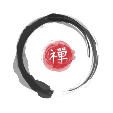 ENSO zen daire tarzı. Sumi e tasarım. Siyah mürekkep suluboya resim. Kırmızı dairesel damga ve kanji hat (Çince. Japon) alfabesi çevirisi Zen anlamına gelir. Arka plan beyaz izole .
