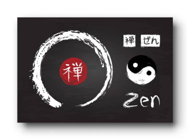 ENSO zen daireyle kanji hat (Çince. Japon) alfabesi çevirisi Zen anlamına gelir. Yin ve yang sembolü. Siyah renk kara tahta arka plan ile eski sıfırdan doku. Vektör çizim .