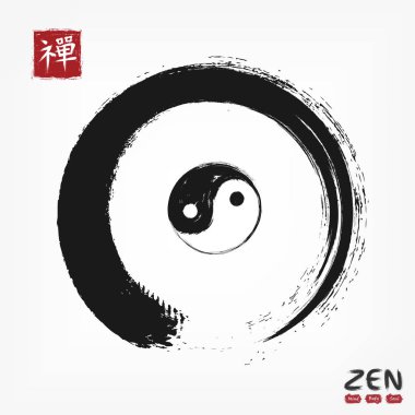 Enso zen circle with yin and yang symbol and kanji calligraphic ( Chinese . Japanese ) alphabet translation meaning zen . Watercolor painting design . Buddhism religion concept . Vector illustration . clipart