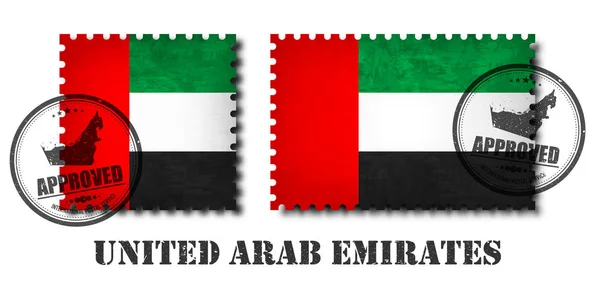 アラブ首長国連邦の旗パターン グランジ古いスクラッチ テクスチャと切手と孤立の背景にシールを貼る 摩耗と黒い色の国の名前 正方形 四角形の図形 ベクトル — ストックベクタ