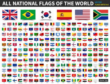 Tüm dünya Ulusal bayrakları. Oranı 4: 6 tasarım float yapışkan not ile kağıt tarzı. Öğeleri vektör .