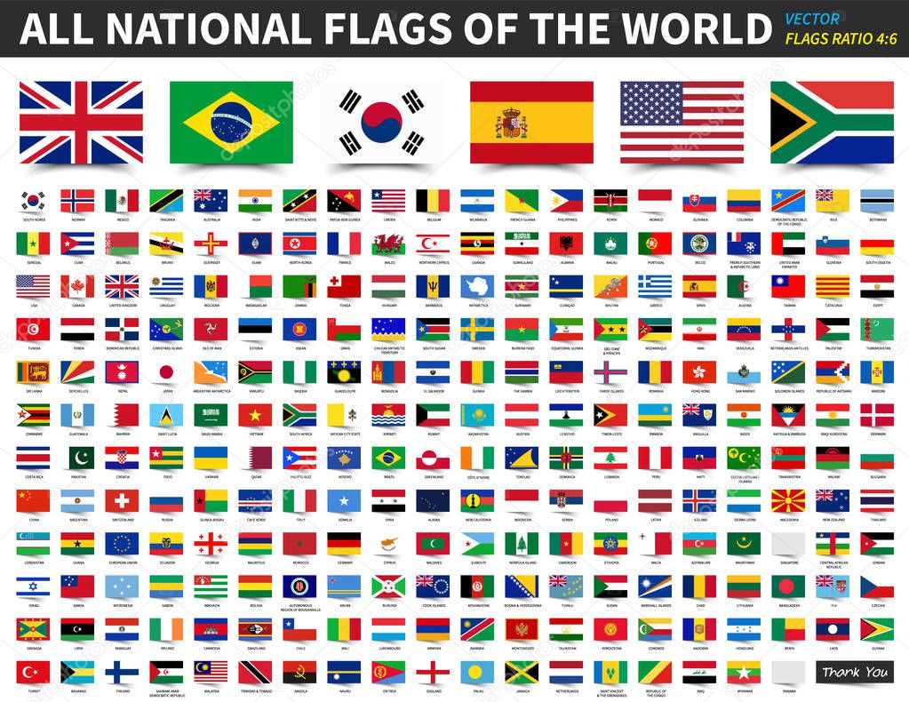 All national flags of the world . Ratio 4 : 6 design with float sticky note paper style . Elements vector .