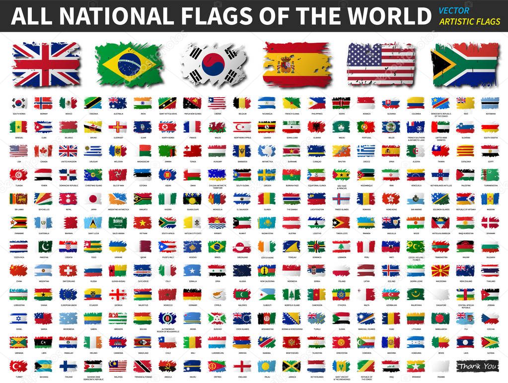 All national flags of the world . Artistic watercolor painting flat design . Vector