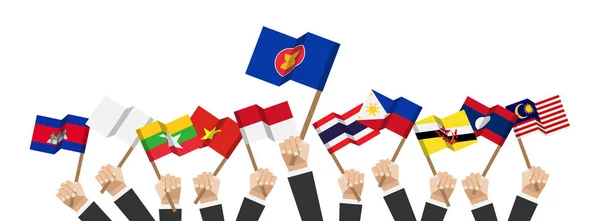 Vlaggen Van Asean Het Lidmaatschap Zakenman Hand Houd Vlaggenmast Doen — Stockvector