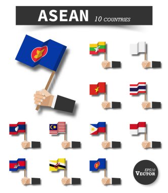 ASEAN. Güneydoğu Asya Ülkeleri Birliği. İşadamı elini tut ve arka plan dalga bayrak direği beyaz izole. Düz tasarım. Öğeleri vektör