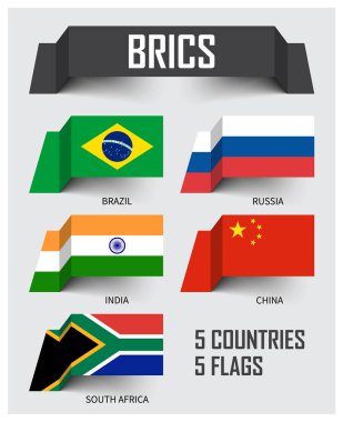 BRICS. 5 ülkeleri Derneği. Brezilya Rusya Hindistan Çin Güney Afrika. Yüzen kağıt bayrakları tasarlayın. Vektör .